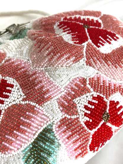 Mini vintage kimono handbag - beaded white and pink flowers
