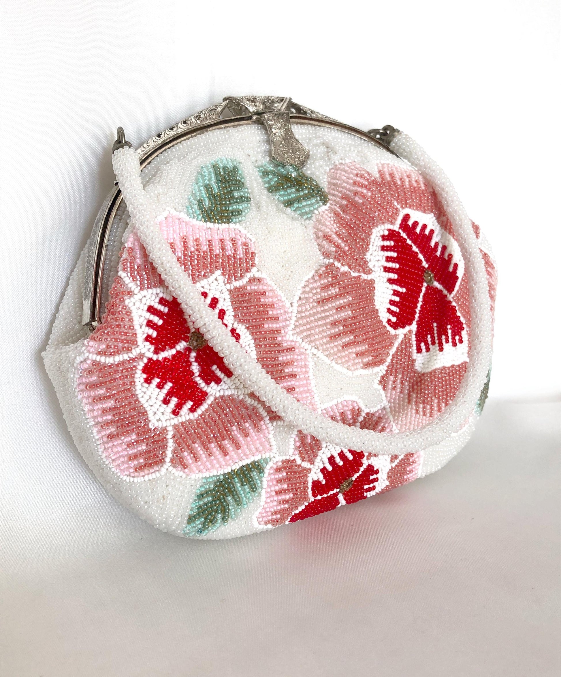 Mini vintage kimono handbag - beaded white and pink flowers