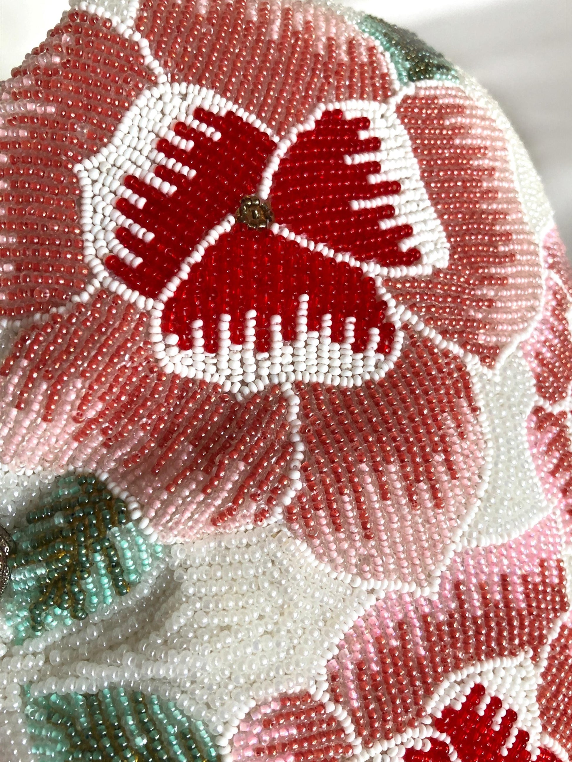 Mini vintage kimono handbag - beaded white and pink flowers