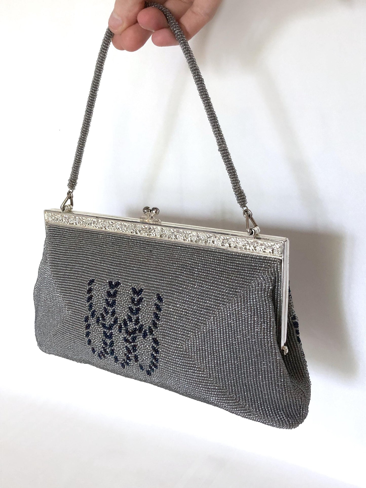 Vintage kimono handbag - beaded light gray and blue motif