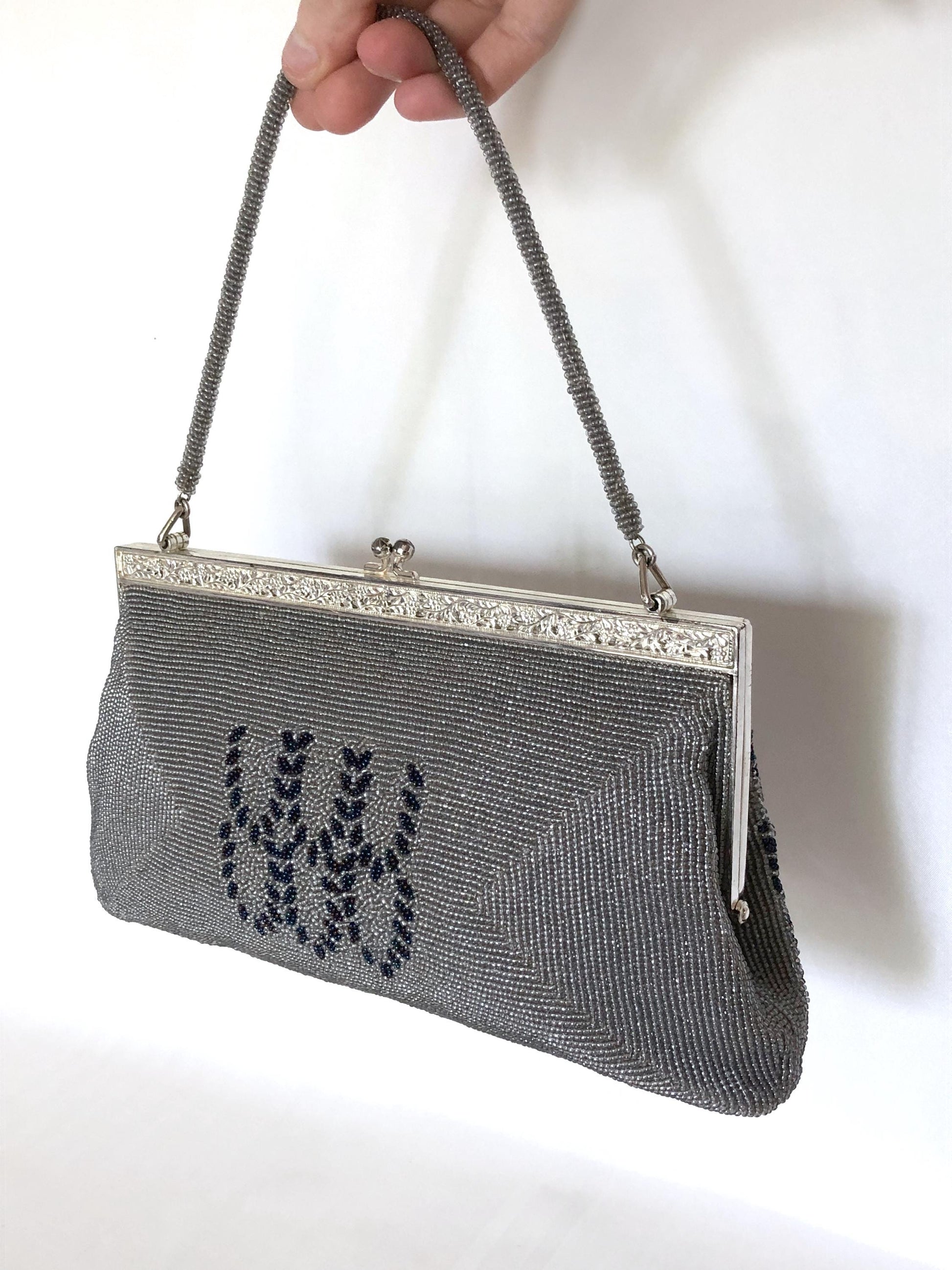 Vintage kimono handbag - beaded light gray and blue motif