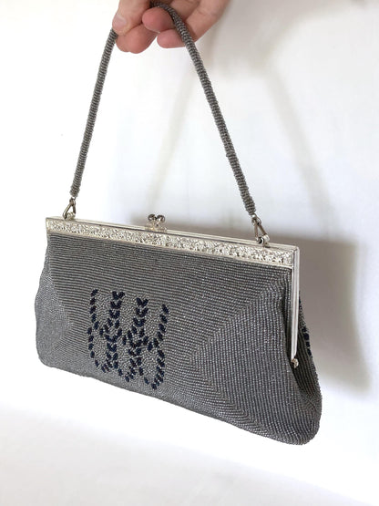 Vintage kimono handbag - beaded light gray and blue motif