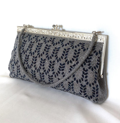 Vintage kimono handbag - beaded light gray and blue motif
