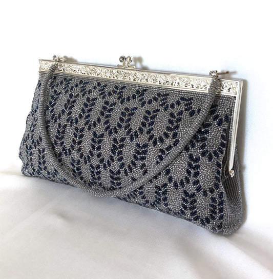 Vintage kimono handbag - beaded light gray and blue motif