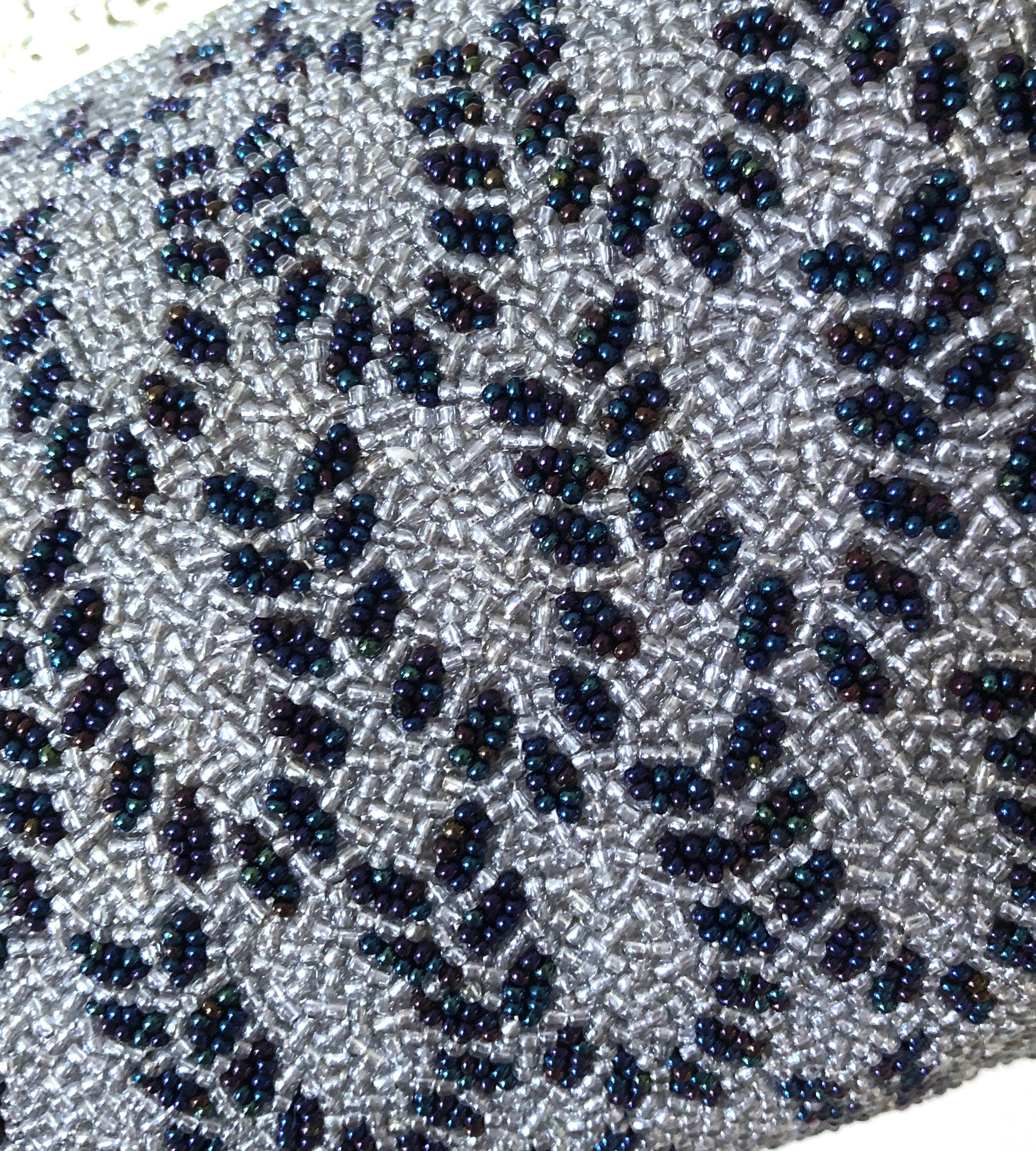Vintage kimono handbag - beaded light gray and blue motif