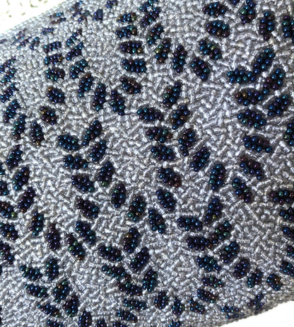 Vintage kimono handbag - beaded light gray and blue motif