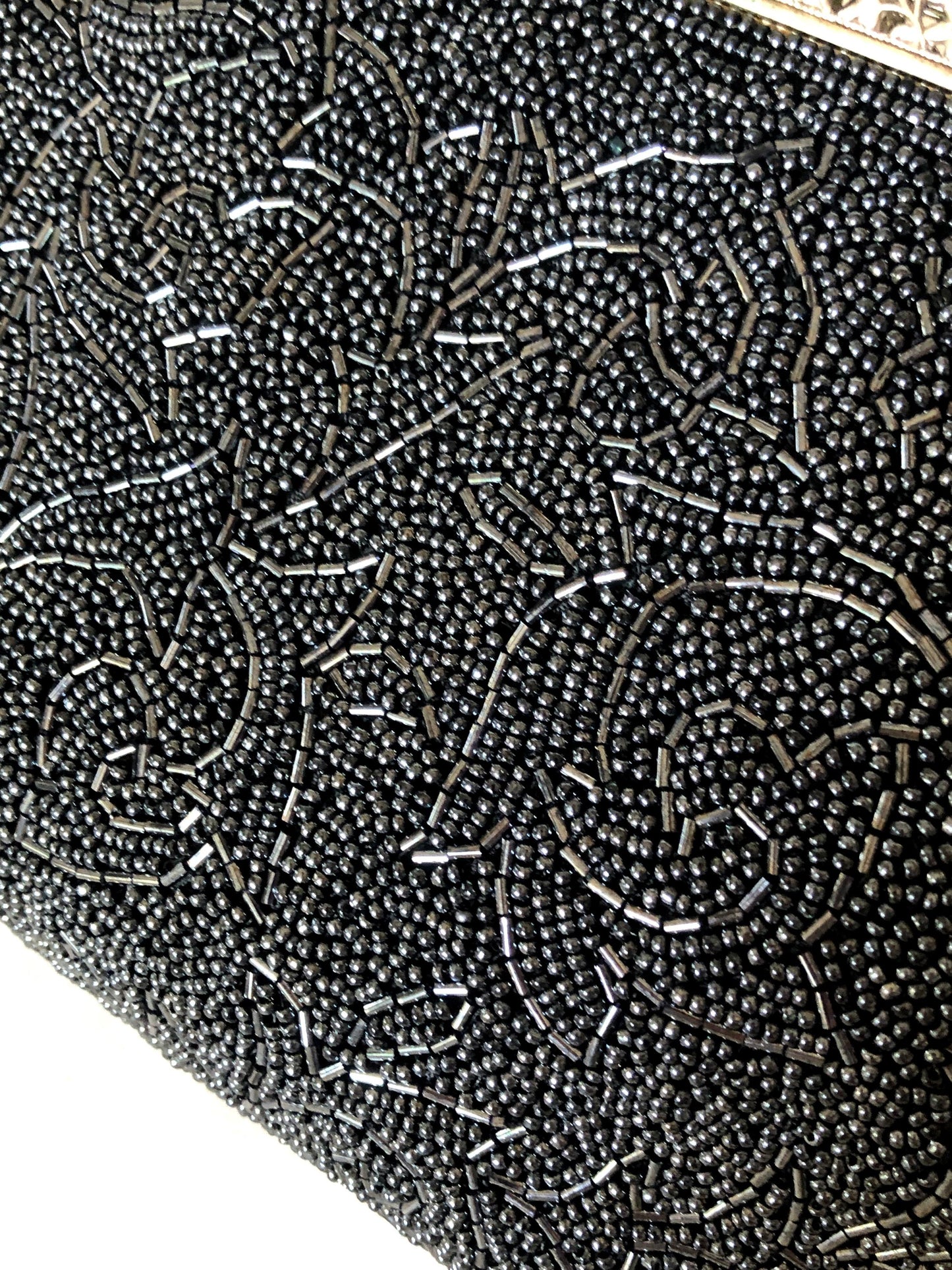 Vintage kimono handbag - beaded steel/black acanthus leaves