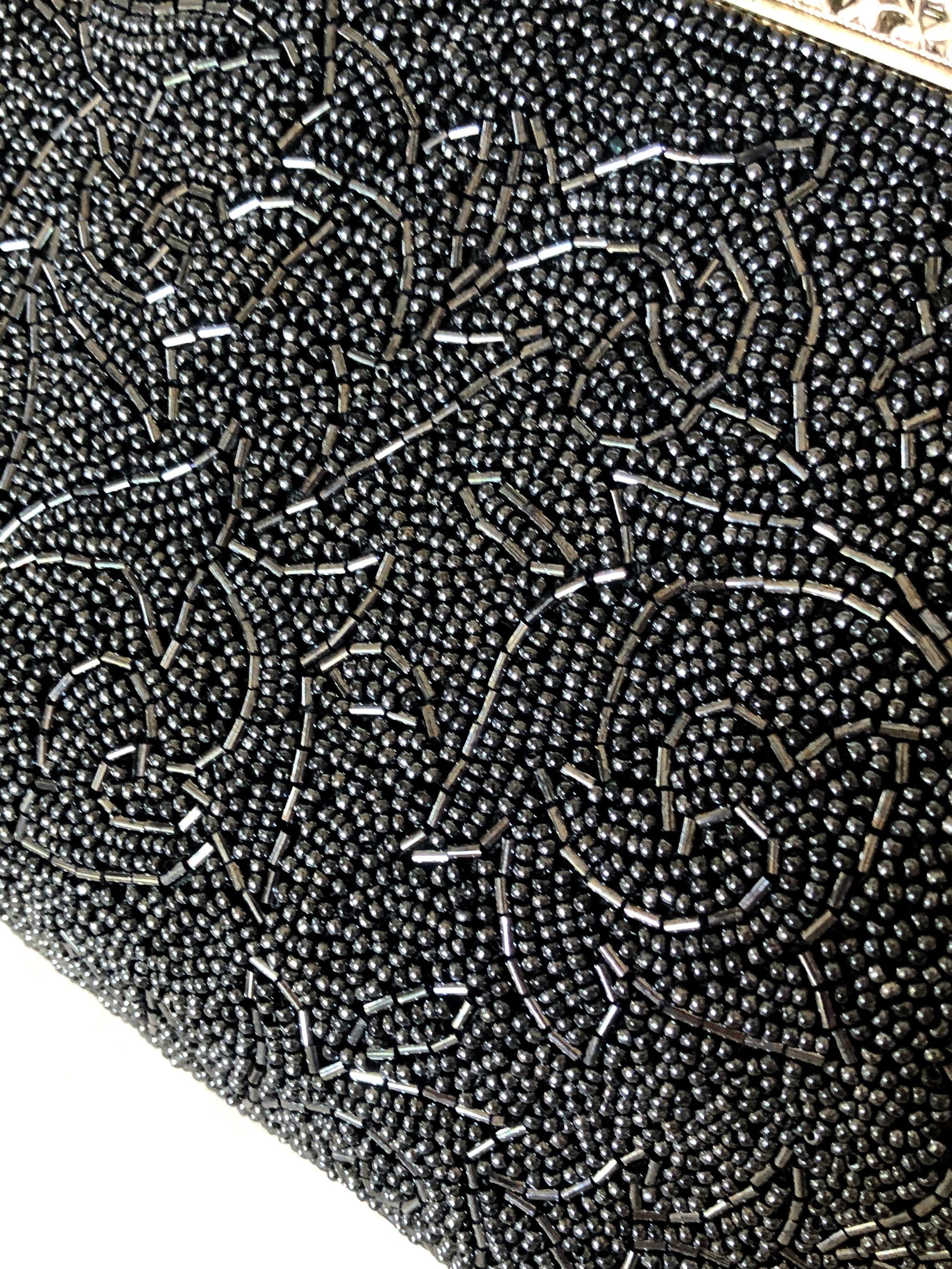 Vintage kimono handbag - beaded steel/black acanthus leaves
