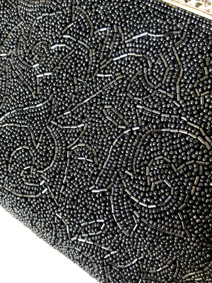 Vintage kimono handbag - beaded steel/black acanthus leaves