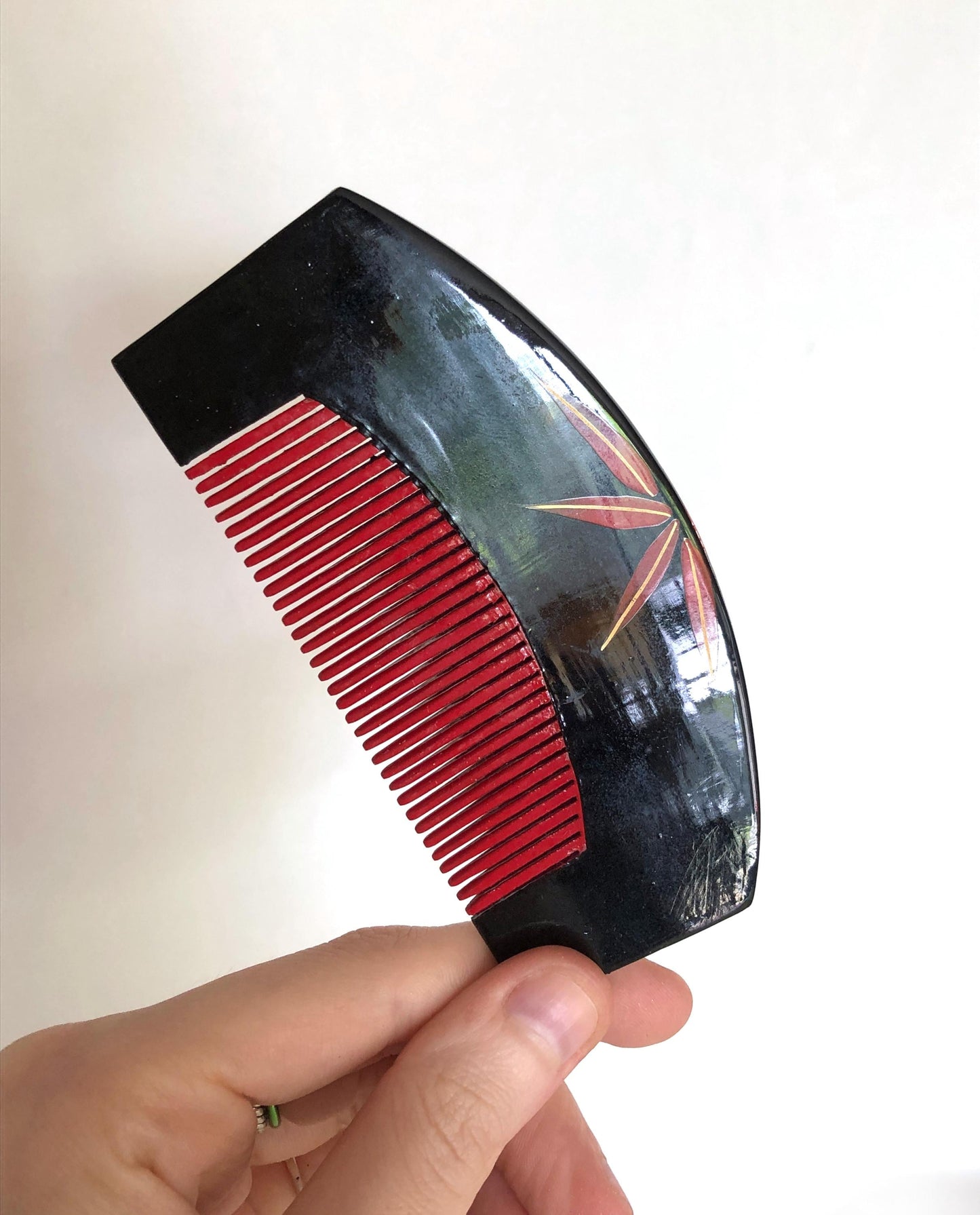 Unique Japanese hair accessory set - wooden comb and two pins with golden florals