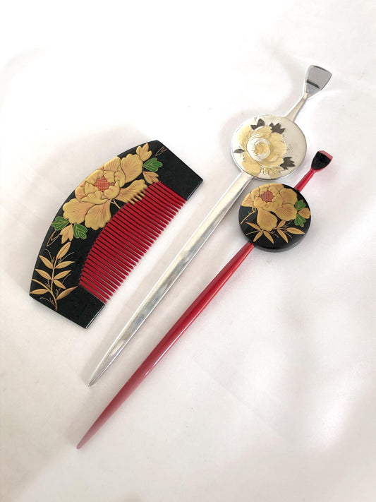Unique Japanese hair accessory set - wooden comb and two pins with golden florals