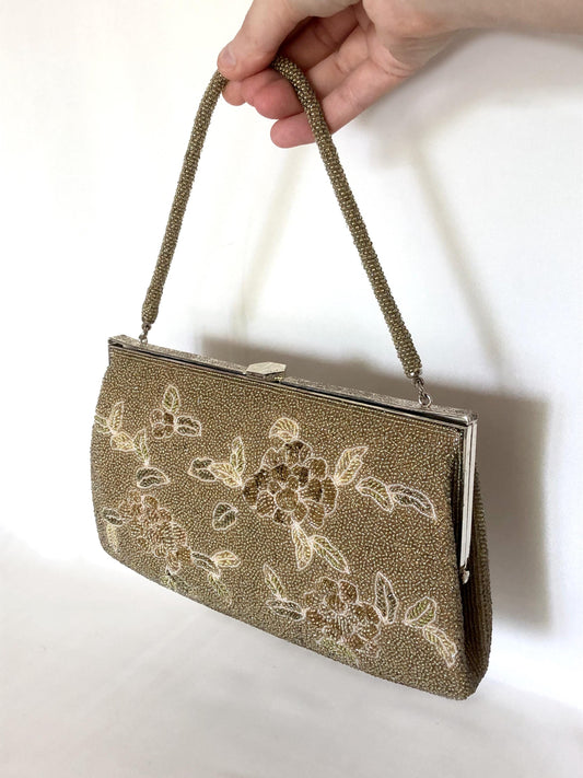 Vintage kimono handbag - beaded light golden florals