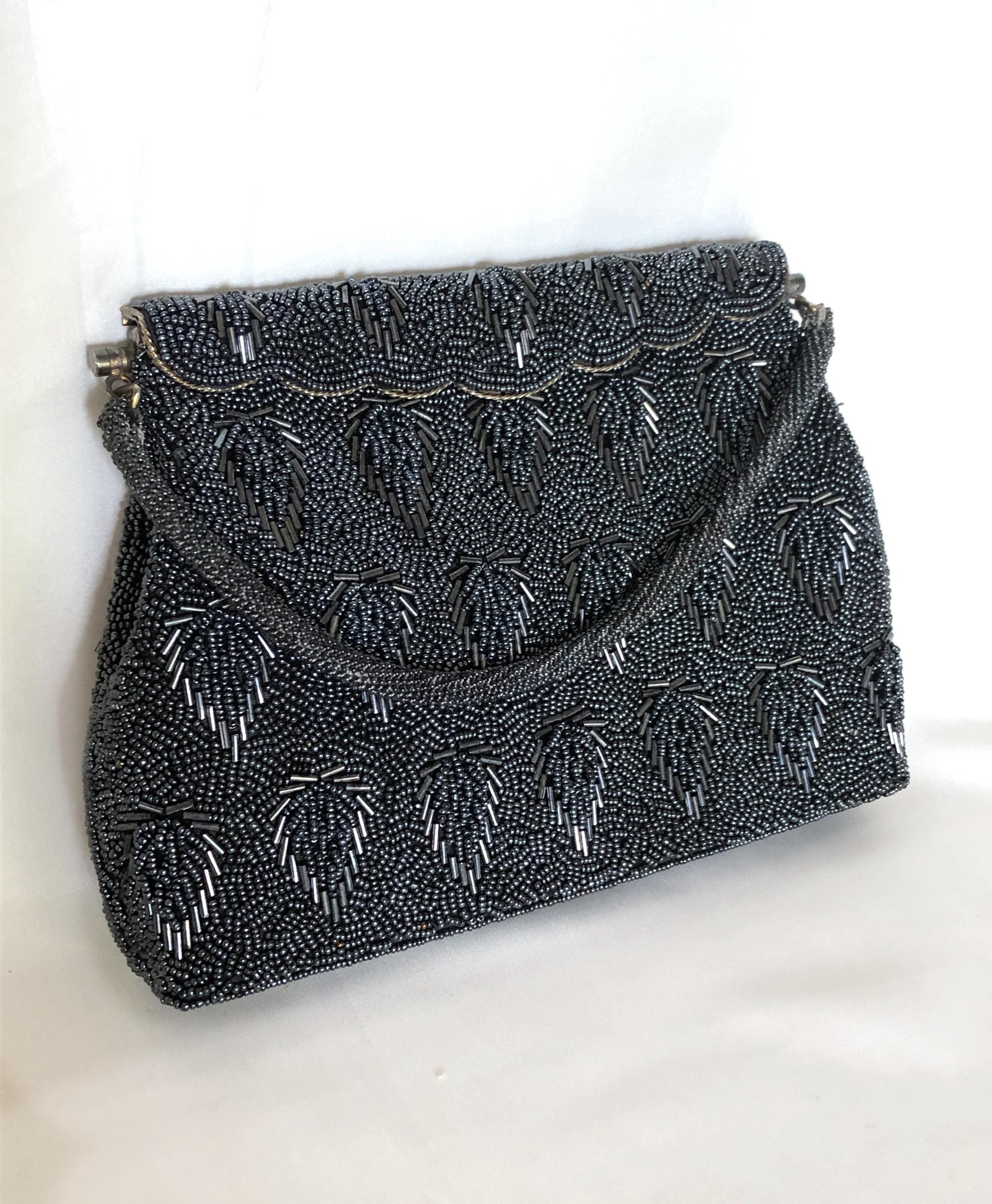 Vintage kimono handbag - beaded black scallops