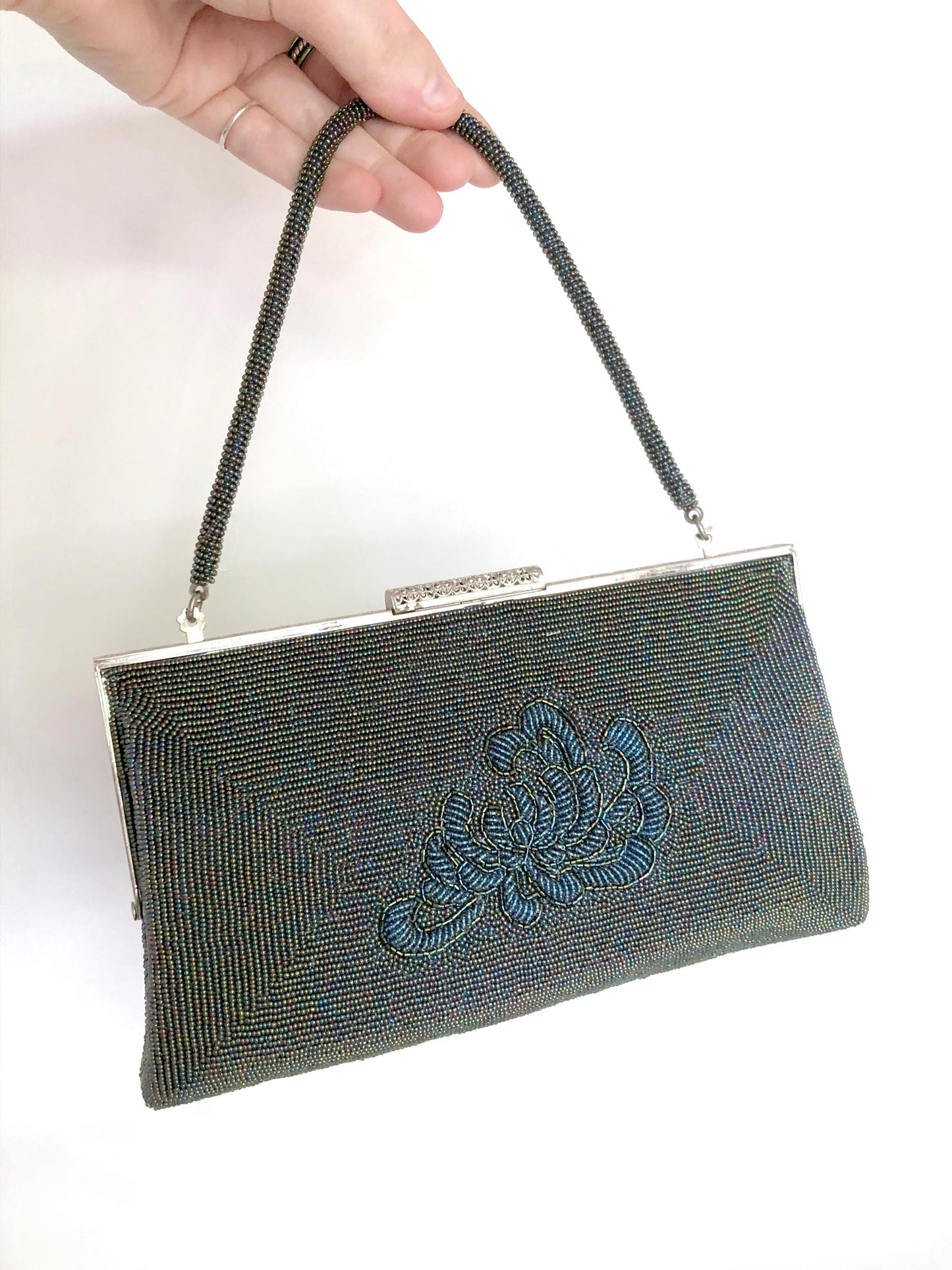 Vintage kimono 2-way handbag - metallic green and blue spider lily
