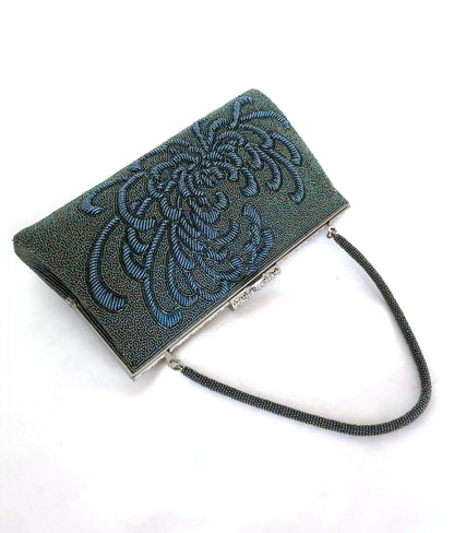 Vintage kimono 2-way handbag - metallic green and blue spider lily