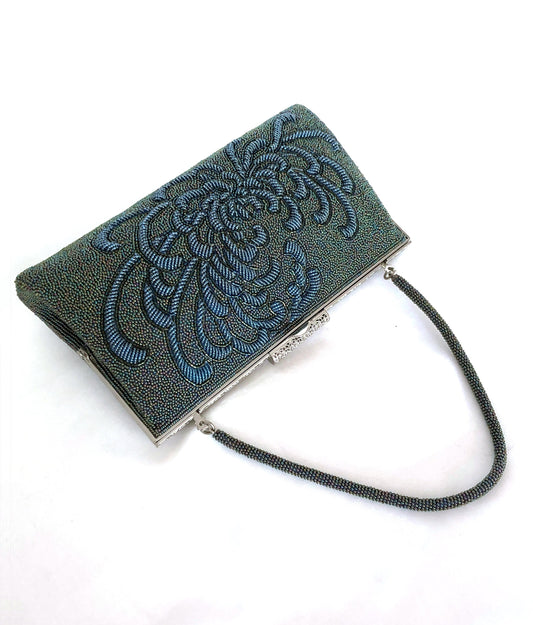 Vintage kimono 2-way handbag - metallic green and blue spider lily
