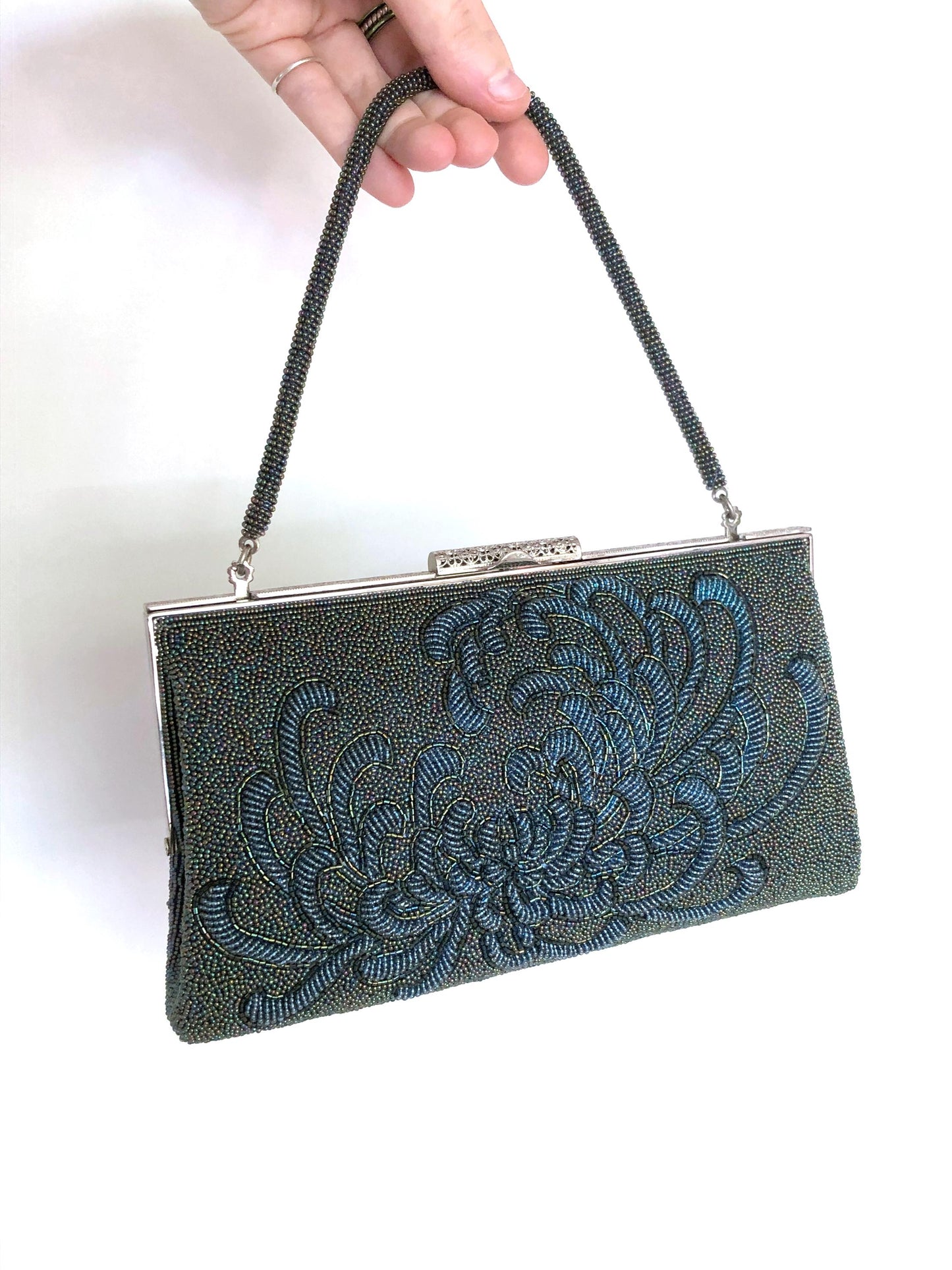 Vintage kimono 2-way handbag - metallic green and blue spider lily