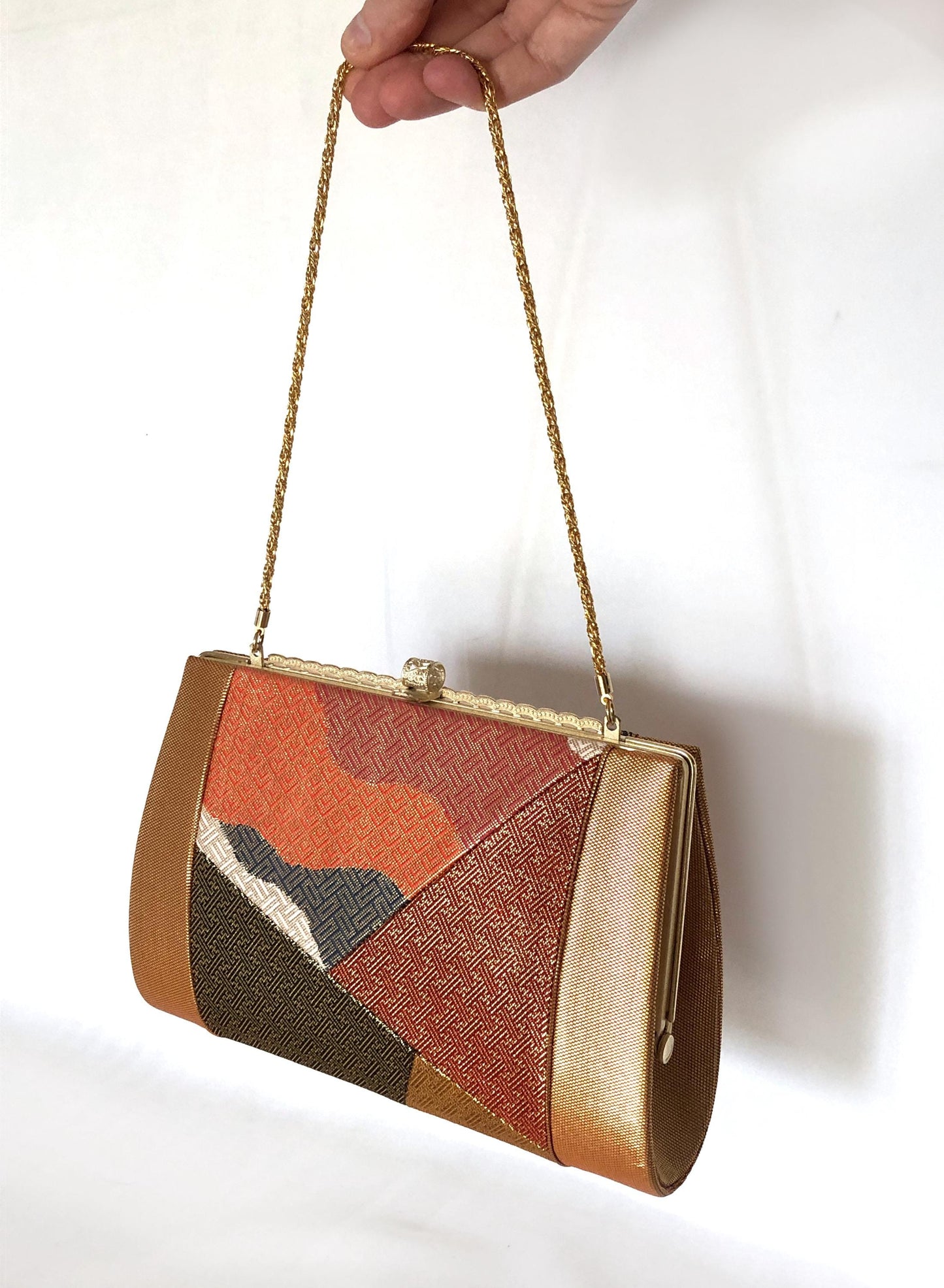 Vintage kimono handbag - two-way vibrant orange, red, and black with golden patterns