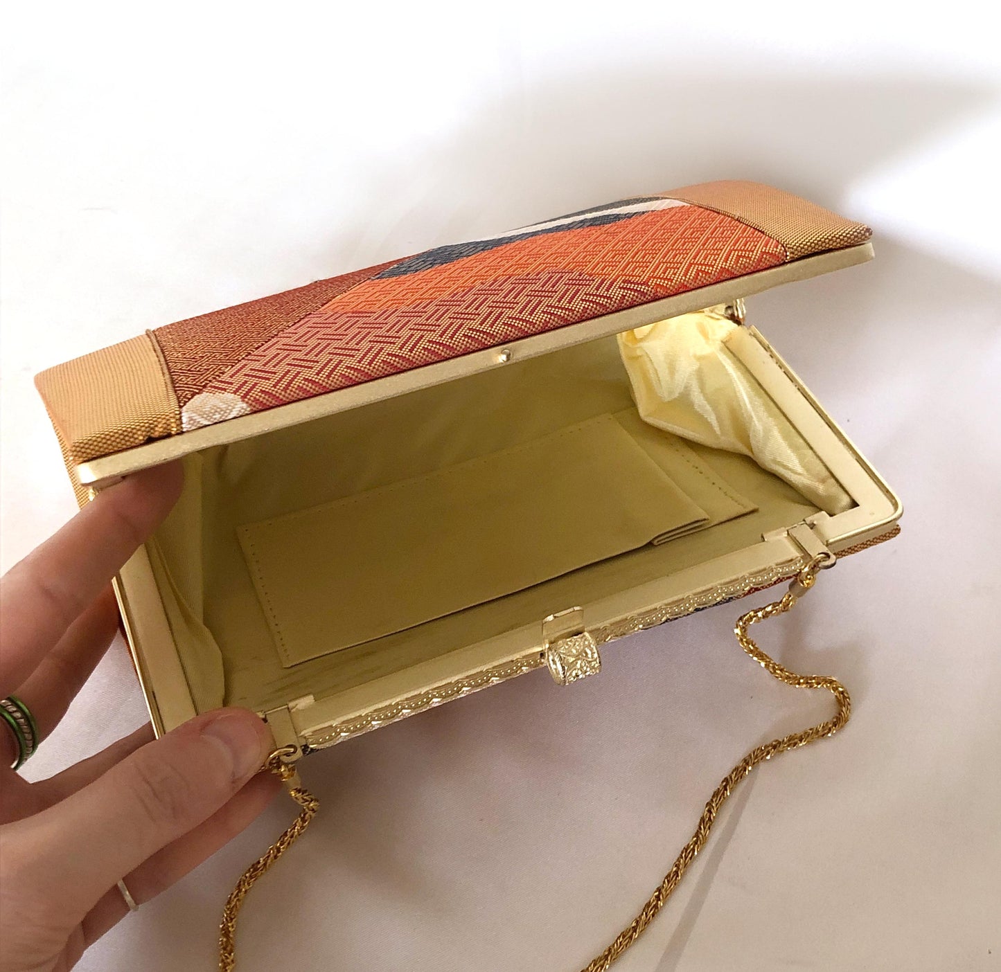 Vintage kimono handbag - two-way vibrant orange, red, and black with golden patterns