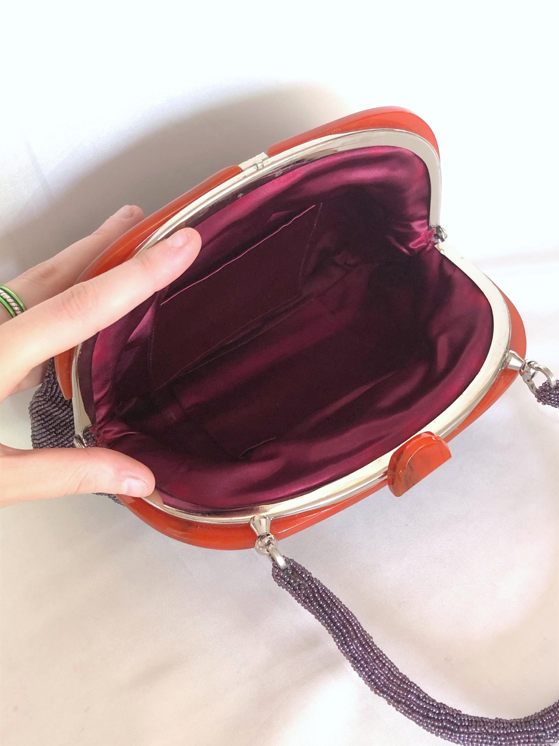 Vintage kimono handbag - big-sized beaded purple magnolias (B grade)