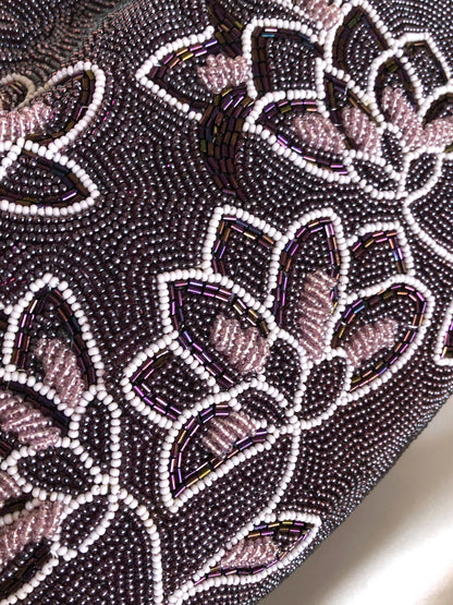 Vintage kimono handbag - big-sized beaded purple magnolias (B grade)