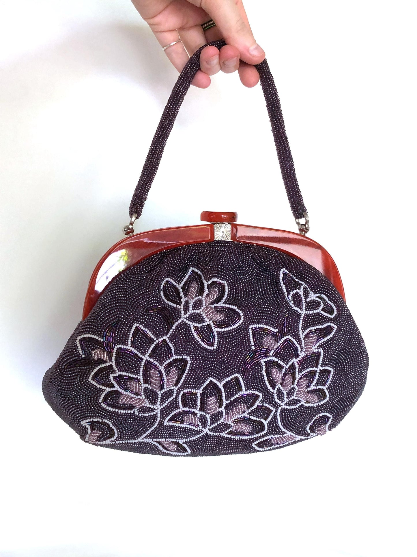 Vintage kimono handbag - big-sized beaded purple magnolias (B grade)
