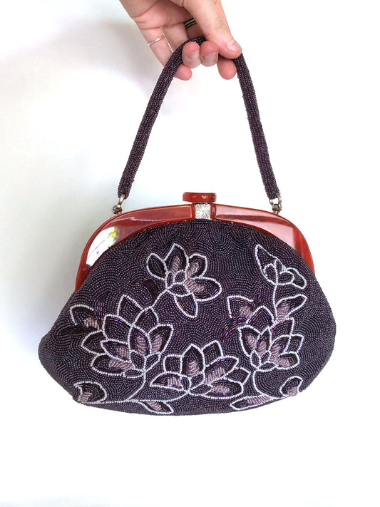 Vintage kimono handbag - big-sized beaded purple magnolias (B grade)