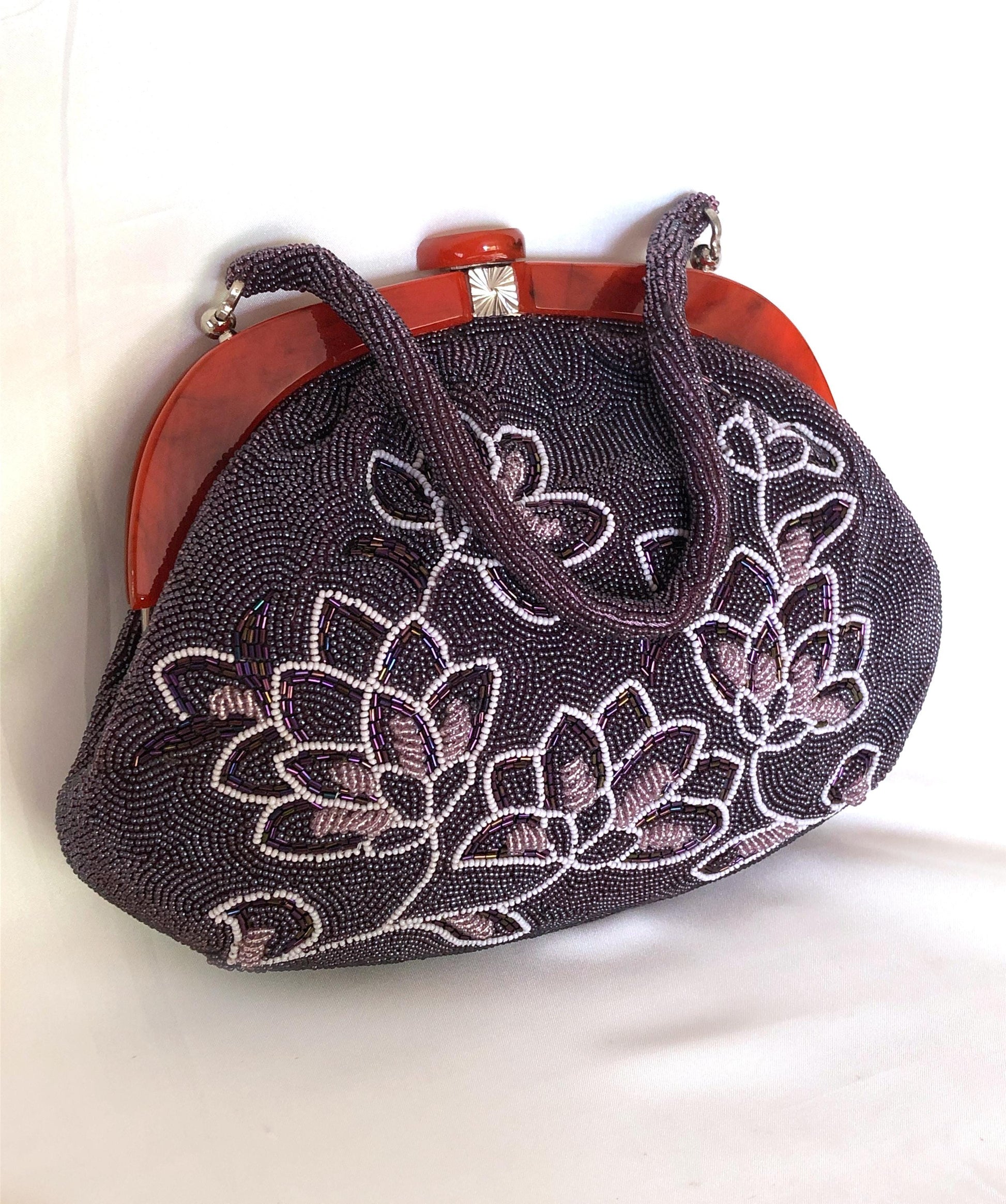 Vintage kimono handbag - big-sized beaded purple magnolias (B grade)