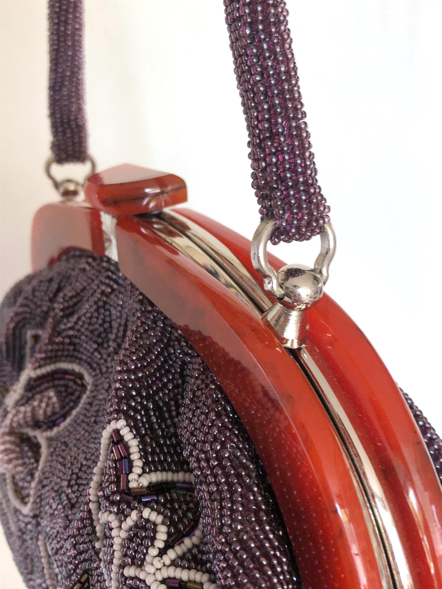 Vintage kimono handbag - big-sized beaded purple magnolias (B grade)