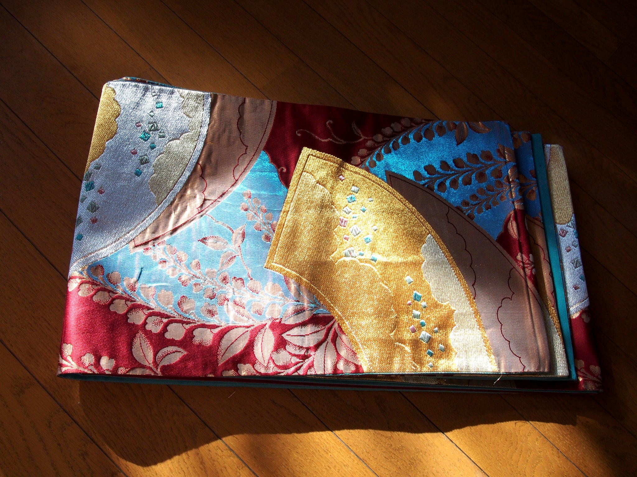 Fukuro obi- wine red, cobalt blue with golden fans