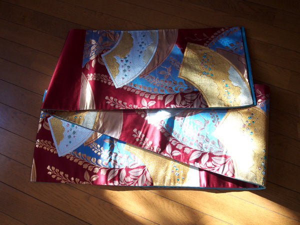 Fukuro obi- wine red, cobalt blue with golden fans