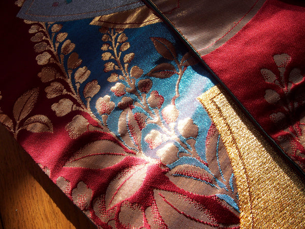 Fukuro obi- wine red, cobalt blue with golden fans