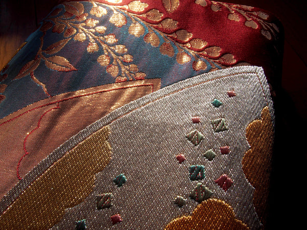 Fukuro obi- wine red, cobalt blue with golden fans