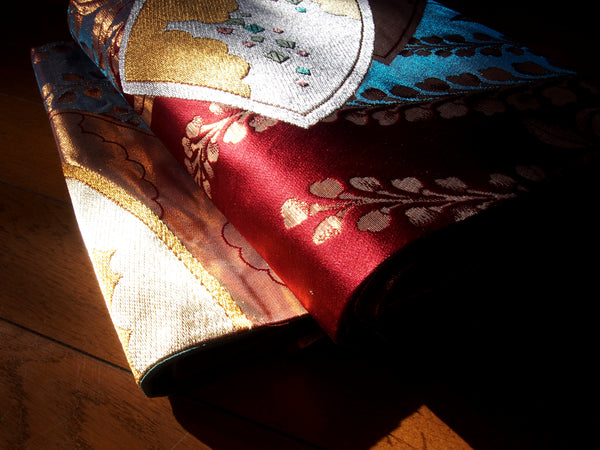 Fukuro obi- wine red, cobalt blue with golden fans