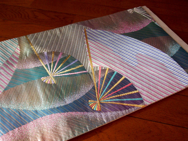 Fukuro obi- metallic pastel rainbow with fans