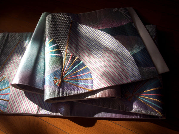 Fukuro obi- metallic pastel rainbow with fans