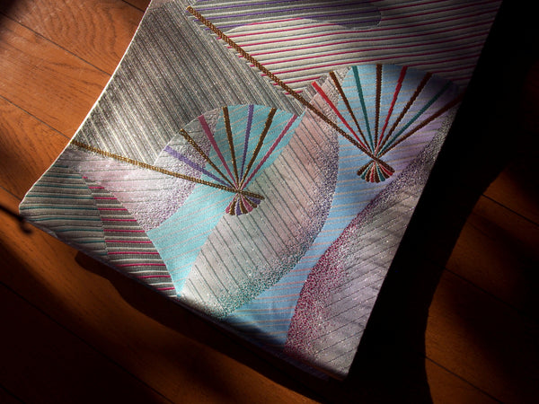 Fukuro obi- metallic pastel rainbow with fans