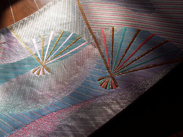 Fukuro obi- metallic pastel rainbow with fans