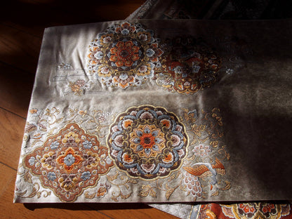 Fukuro Obi – brushed silver with mandarin ducks pattern