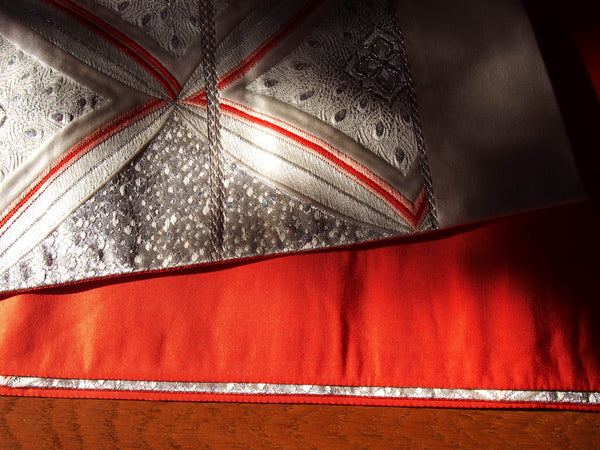 Fukuro obi- cream and vermilion with peacock feathers