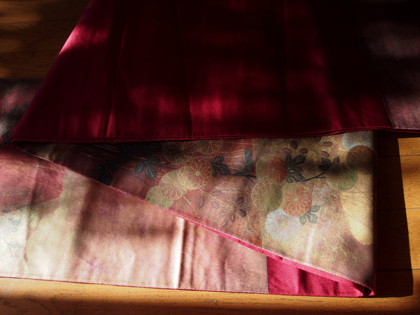 Fukuro obi- wine red with brushed gold chrysanthemum flowers