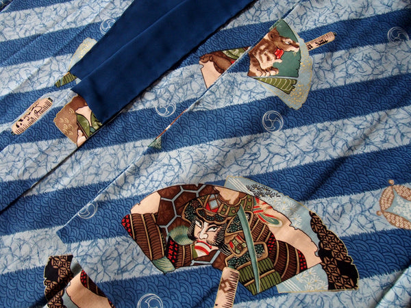 Men's kimono undershirt- indigo blue w/images of warriors
