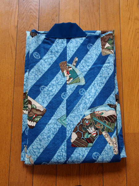 Men's kimono undershirt- indigo blue w/images of warriors