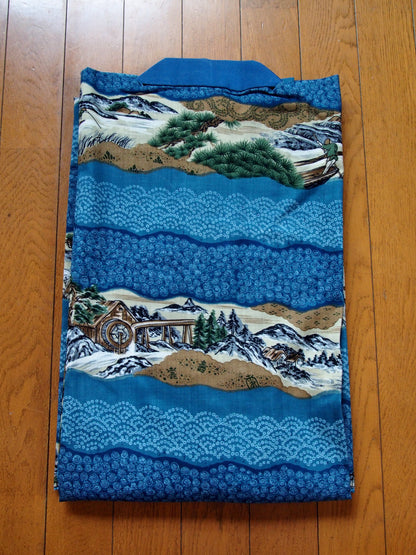 Men's Kimono Undershirt – indigo blue w/countryside scenes