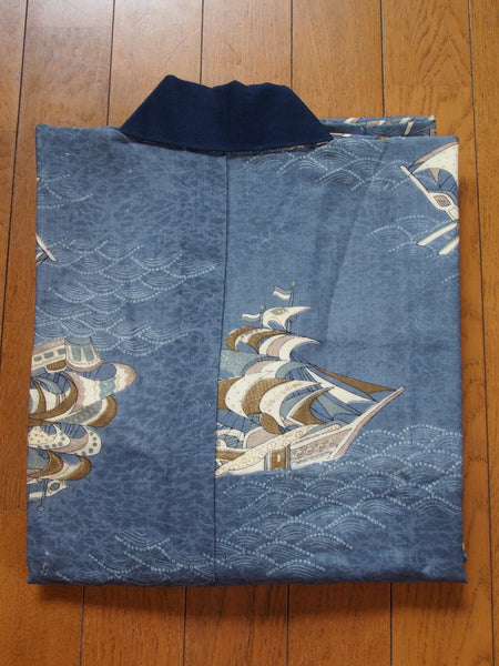 Men's kimono undershirt- steel blue w/sailships