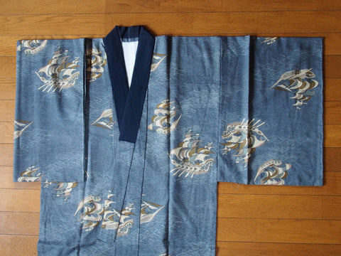 Men's kimono undershirt- steel blue w/sailships