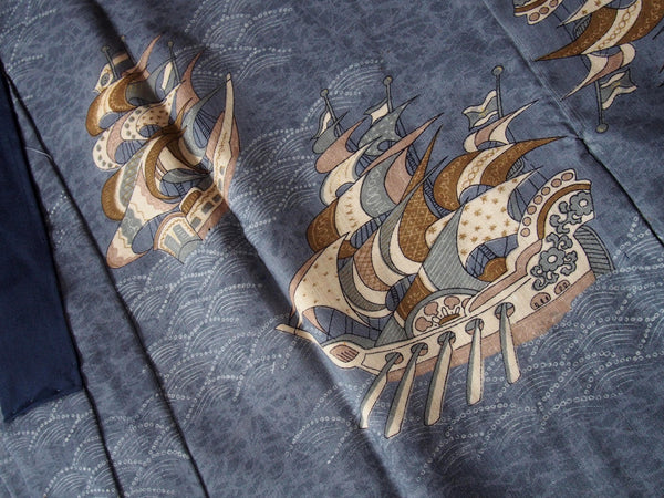 Men's kimono undershirt- steel blue w/sailships