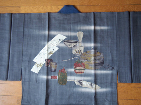 Men's kimono undershirt- gray w/tea ceremony utensils