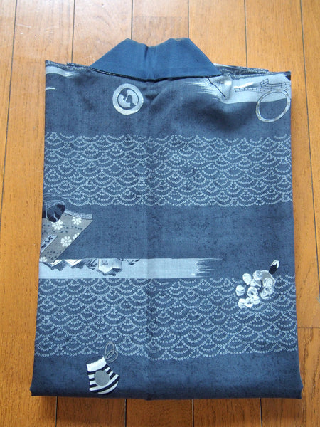 Men's kimono undershirt-  steel blue w/novelty print