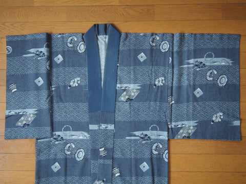 Men's kimono undershirt-  steel blue w/novelty print